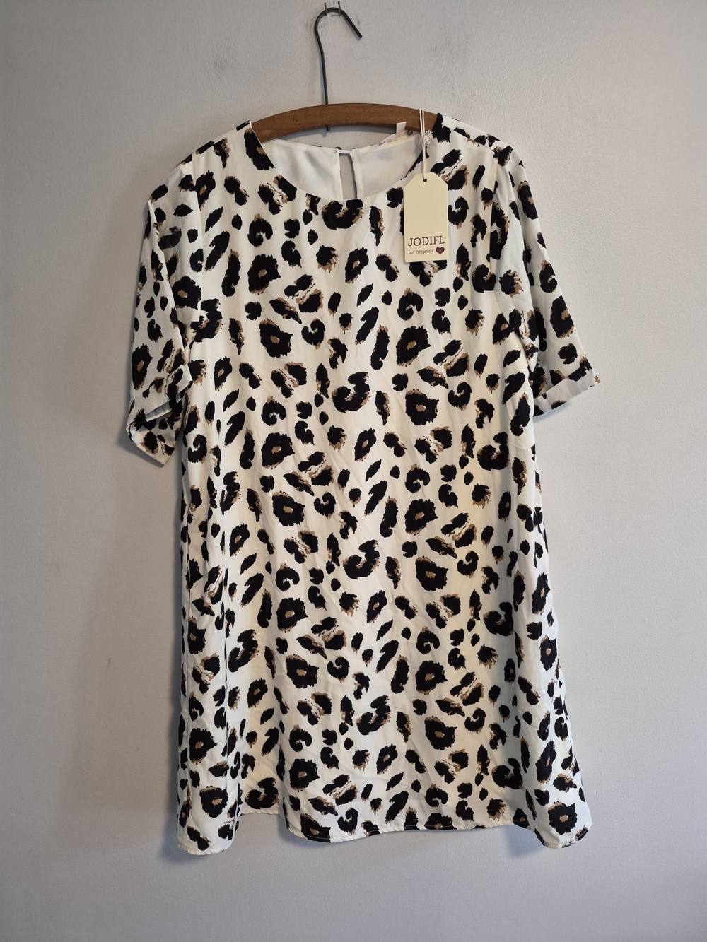 NEW JODIFL small White & Brown Leopard Print Short Sleeve Tunic Mini Dress